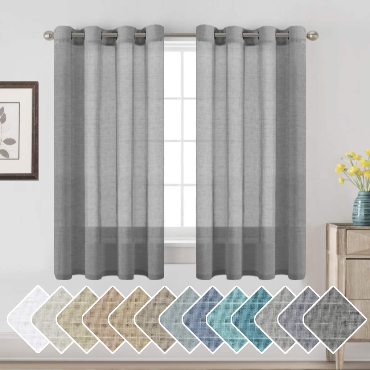 H.VERSAILTEX Linen Semi Sheer Curtains 63 Pair Set Linen Textured Sheer Curtains Nickel Grommet Window Treatment Panels for Bedroom, Open Weave, 52" W x 63" L, Charcoal Grey